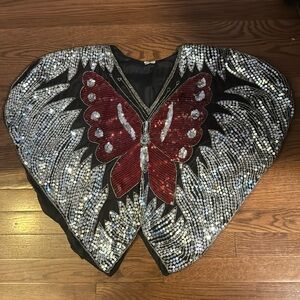 Vintage sequin butterfly top/ one size / silver and red